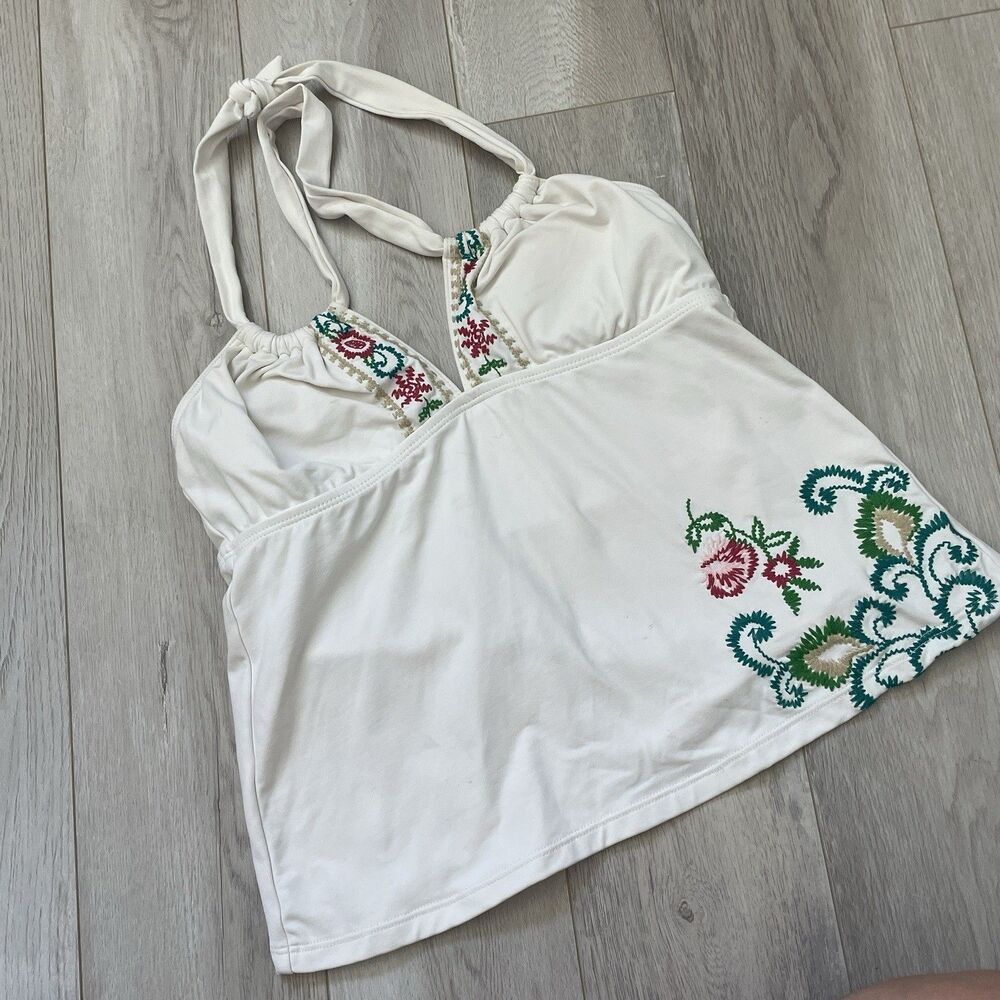 Embroidered Y2K Tankini floral halter crop womens White (medium) swim beach vtg